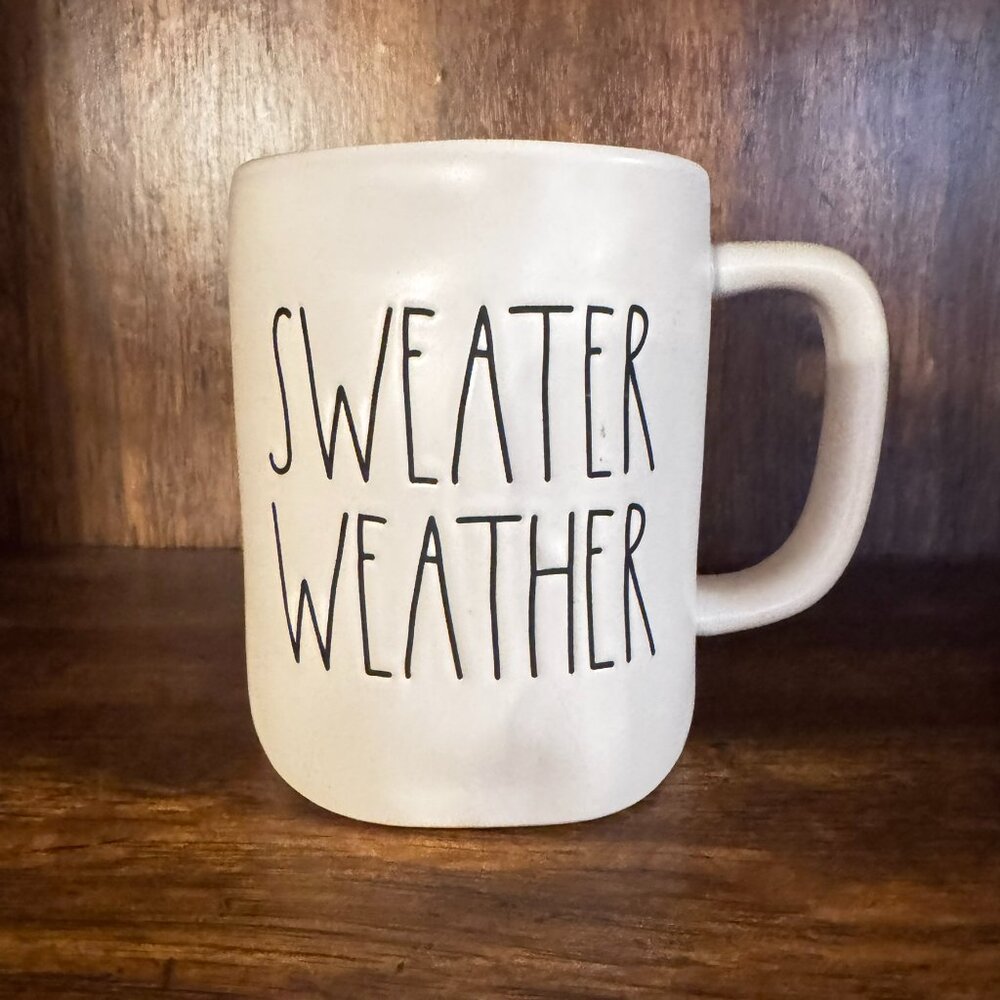 #7H Rae Dunn "Sweater Weather" Ceramic Mug, White with Plum Interior